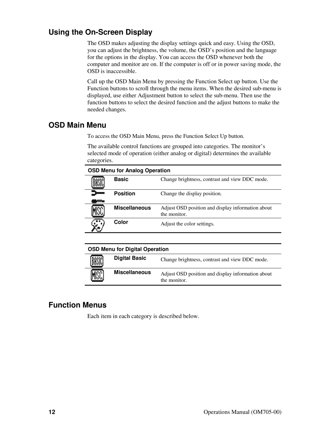 Planar VS15XAD manual Using the On-Screen Display, OSD Main Menu, Function Menus 