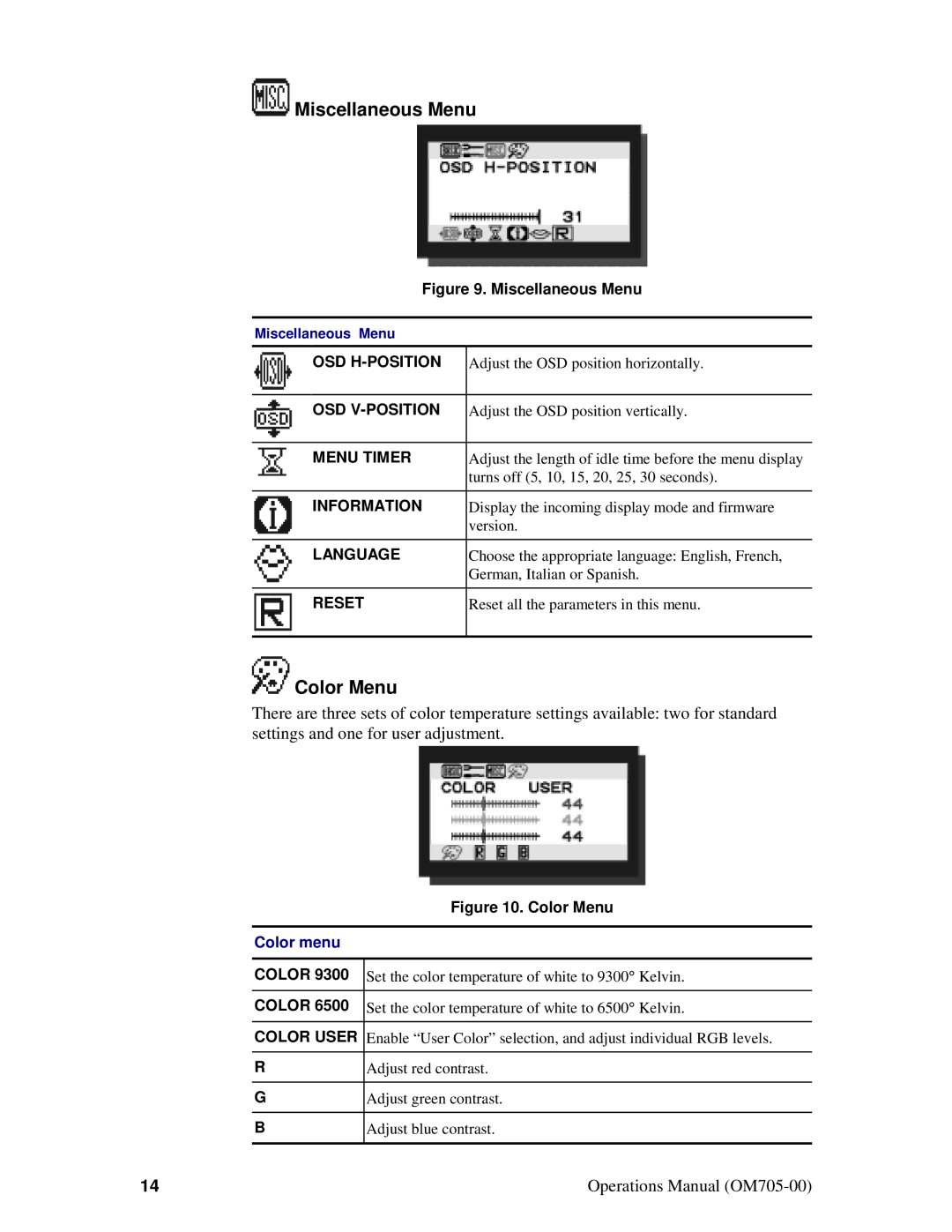 Planar VS15XAD manual Miscellaneous Menu, Color Menu 