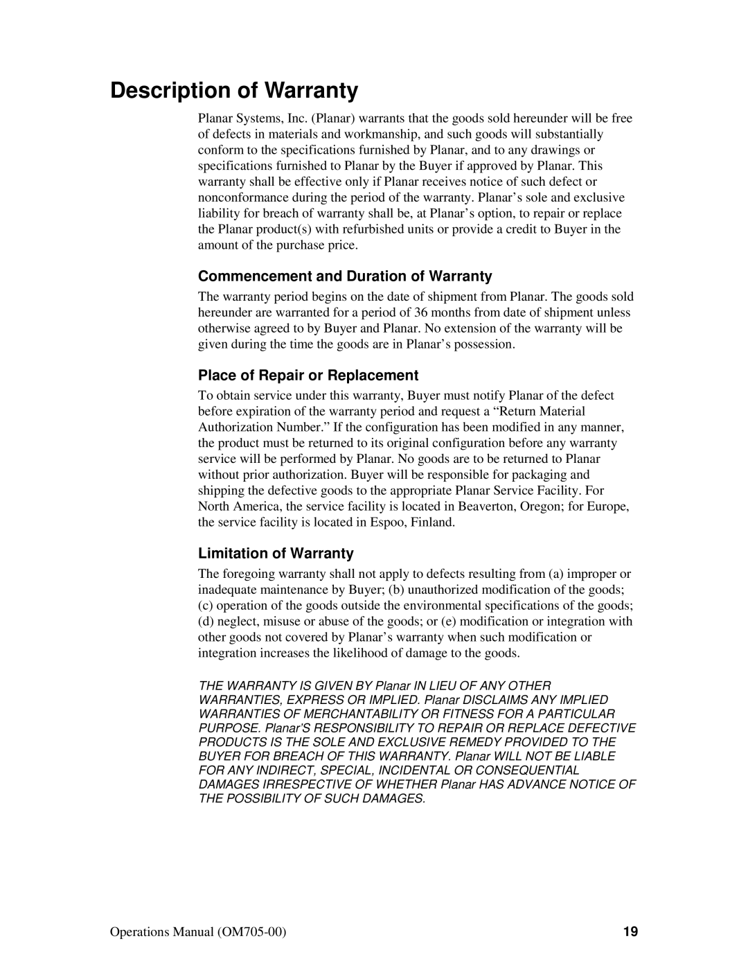 Planar VS15XAD manual Description of Warranty, Commencement and Duration of Warranty, Place of Repair or Replacement 