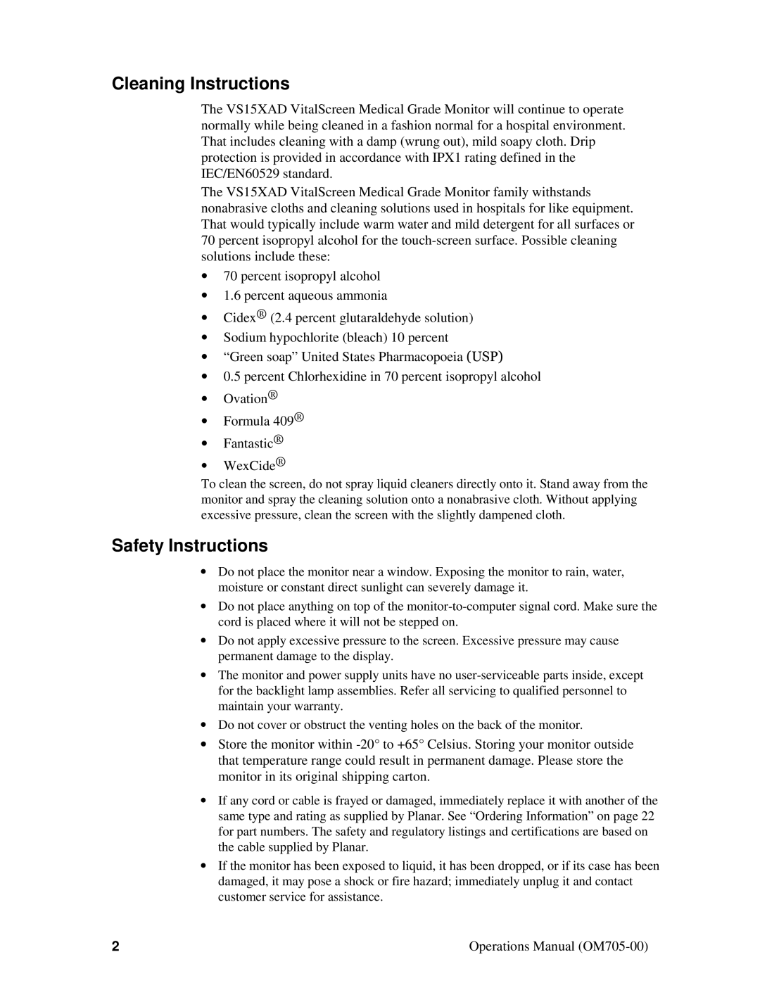 Planar VS15XAD manual Cleaning Instructions, Safety Instructions 