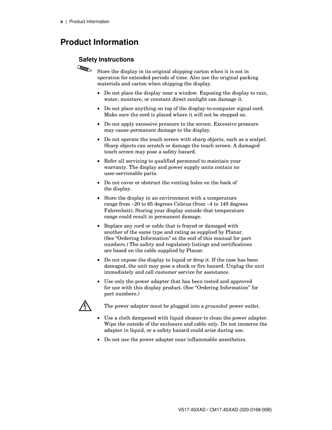 Planar VS17.4SXAD, CM17.4SXAD manual Product Information, Safety Instructions 