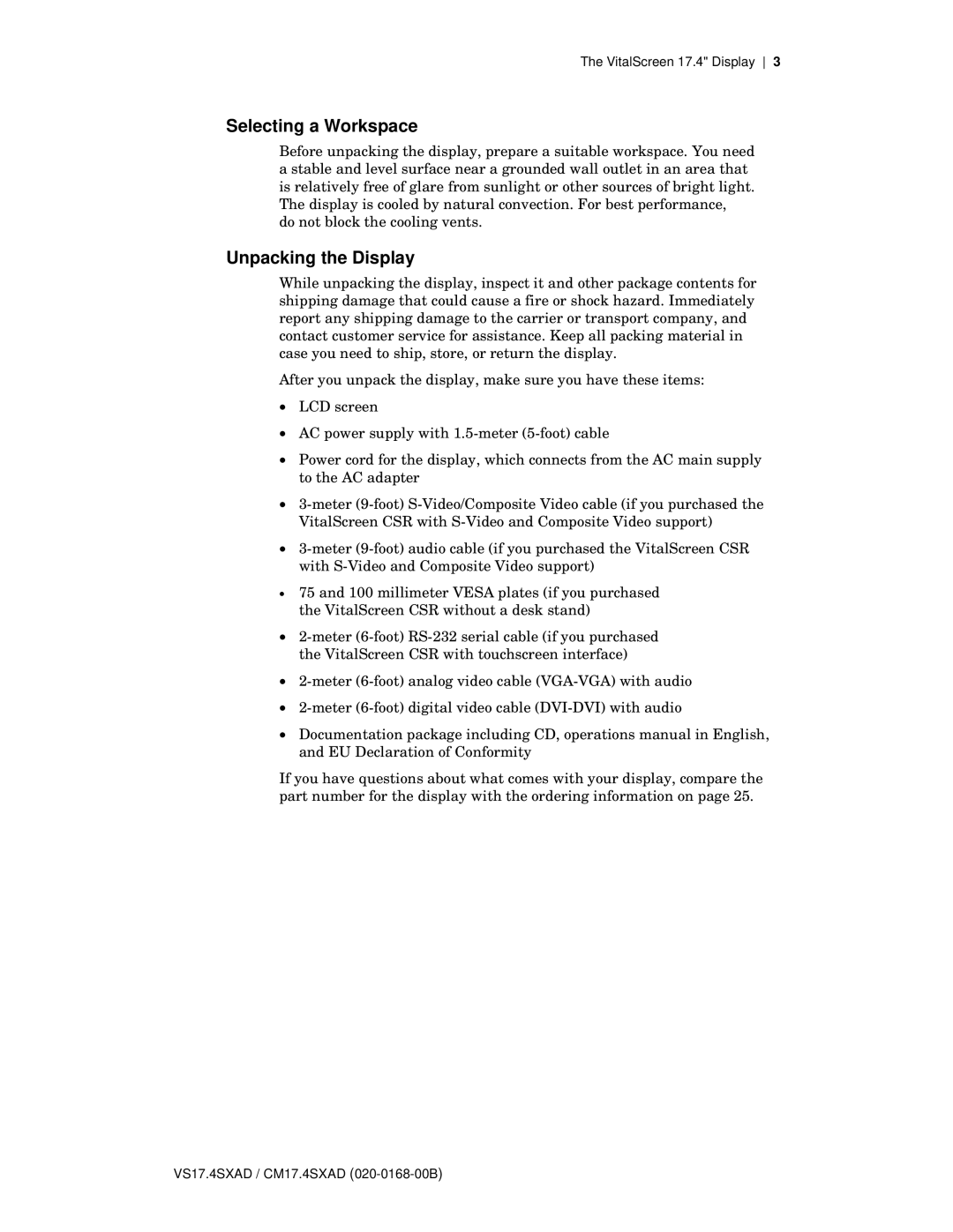 Planar CM17.4SXAD, VS17.4SXAD manual Selecting a Workspace, Unpacking the Display 