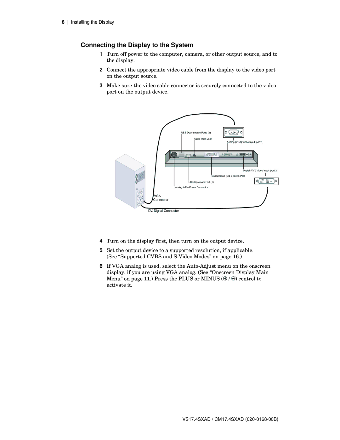 Planar VS17.4SXAD, CM17.4SXAD manual Connecting the Display to the System 