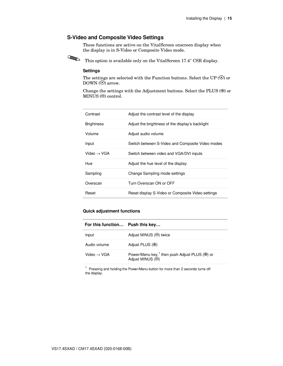 Planar CM17.4SXAD, VS17.4SXAD manual Video and Composite Video Settings 