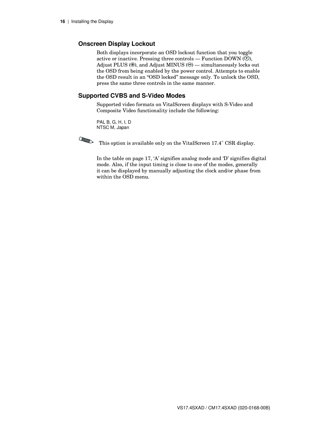 Planar VS17.4SXAD, CM17.4SXAD manual Onscreen Display Lockout, Supported Cvbs and S-Video Modes 