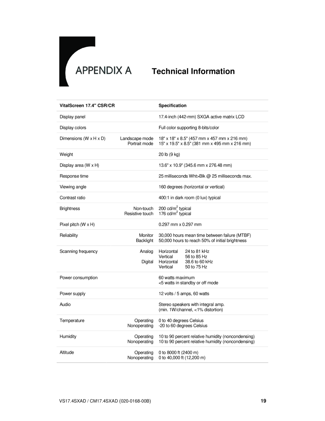 Planar CM17.4SXAD, VS17.4SXAD manual Technical Information, VitalScreen 17.4 CSR/CR Specification 