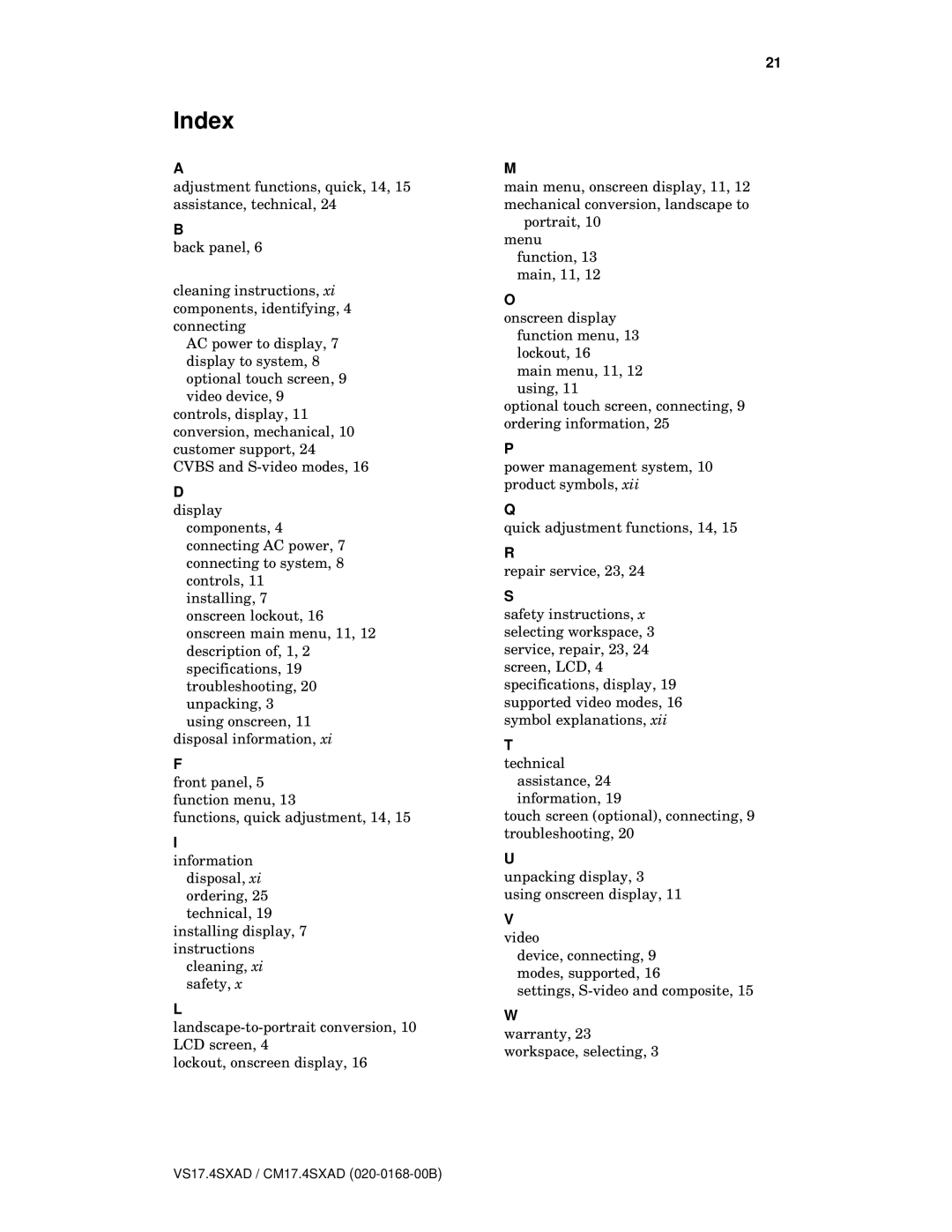 Planar CM17.4SXAD, VS17.4SXAD manual Index 