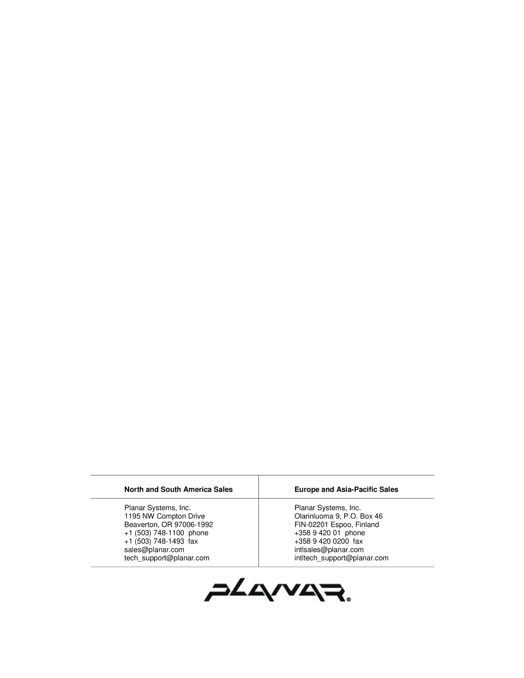 Planar VS17.4SXAD, CM17.4SXAD manual North and South America Sales 