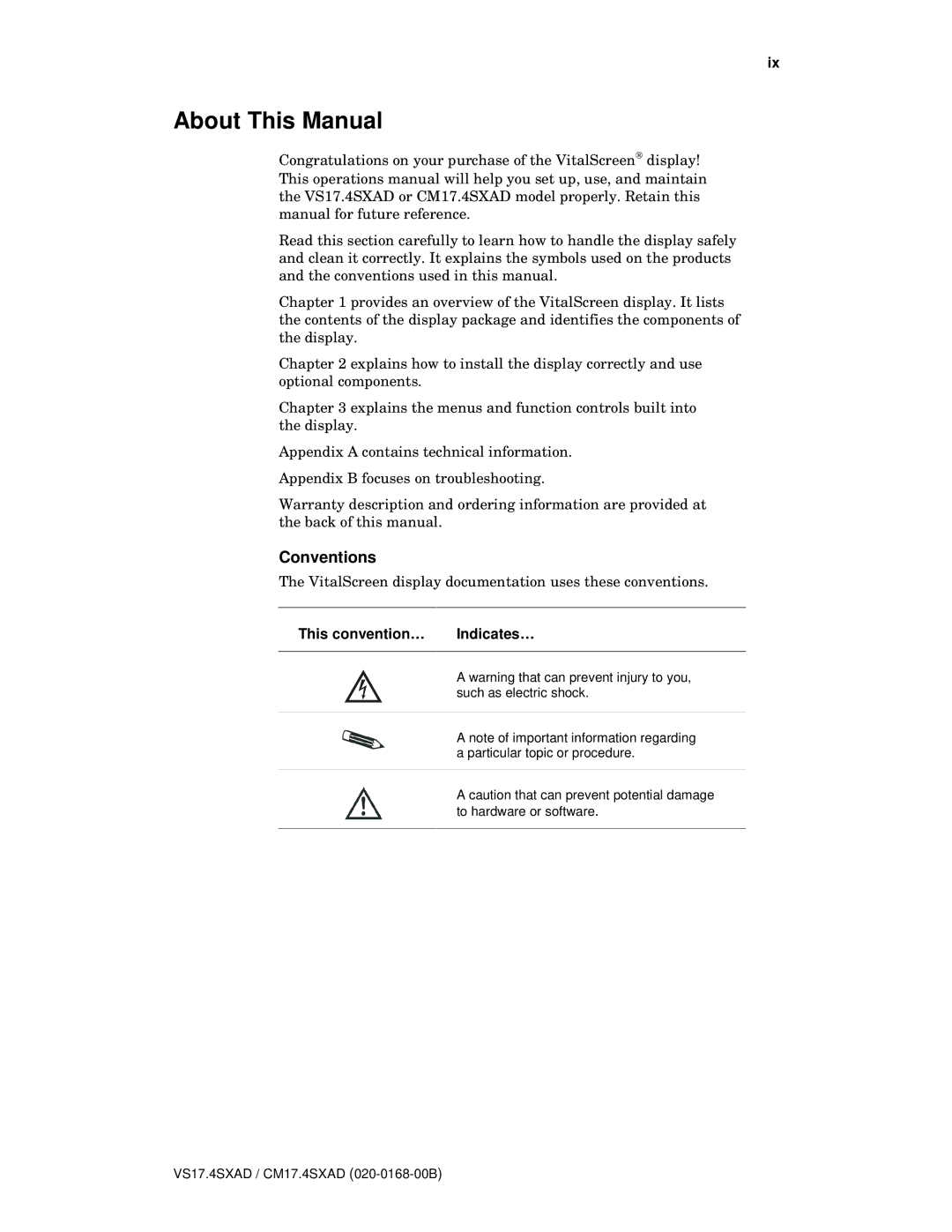 Planar CM17.4SXAD, VS17.4SXAD manual About This Manual, Conventions, This convention… Indicates… 