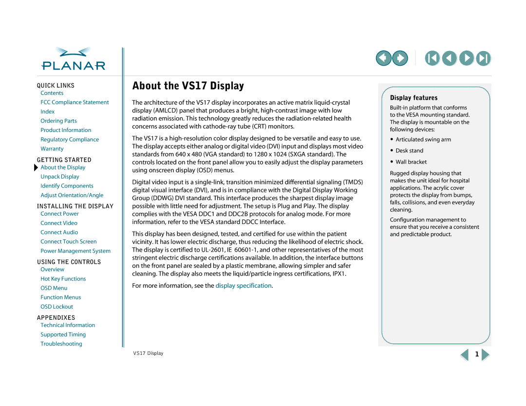 Planar VS17SXAD, VS15SXAD-TR warranty About the VS17 Display, Display features 