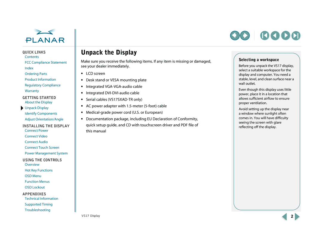 Planar VS15SXAD-TR, VS17SXAD warranty Unpack the Display, Selecting a workspace 