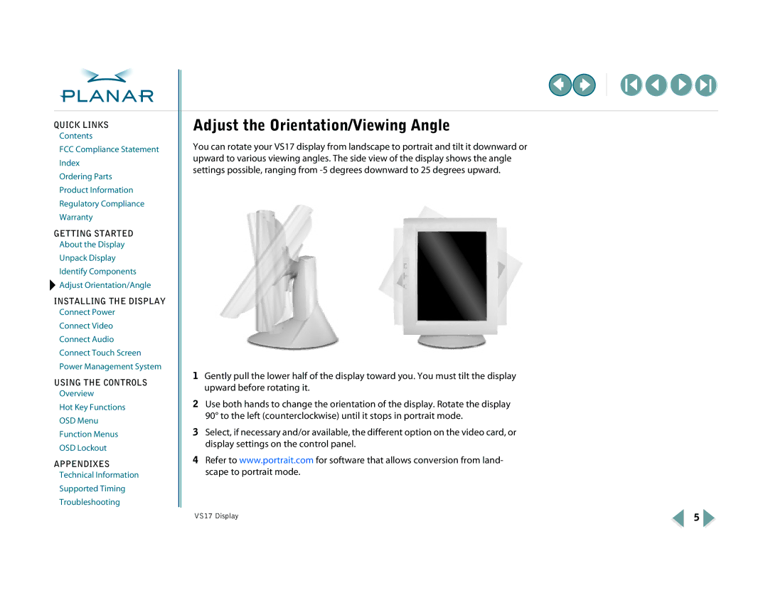 Planar VS17SXAD, VS15SXAD-TR warranty Adjust the Orientation/Viewing Angle 