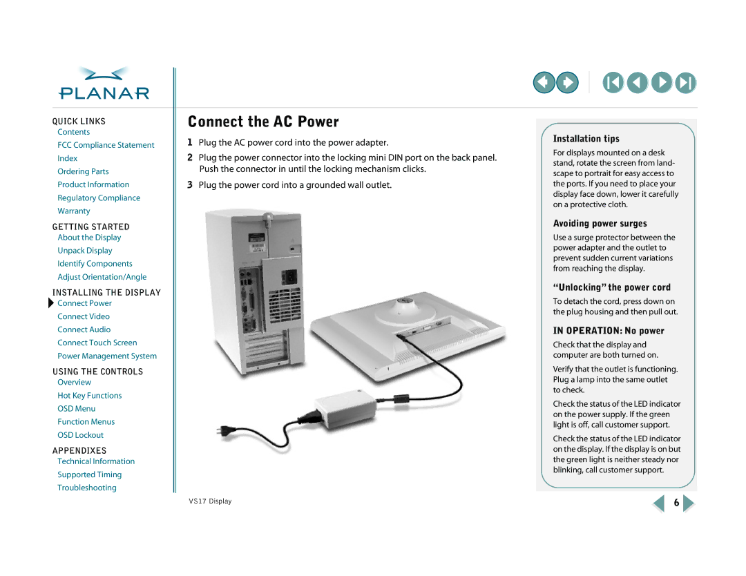 Planar VS15SXAD-TR, VS17SXAD Connect the AC Power, Installation tips, Avoiding power surges, Unlocking the power cord 