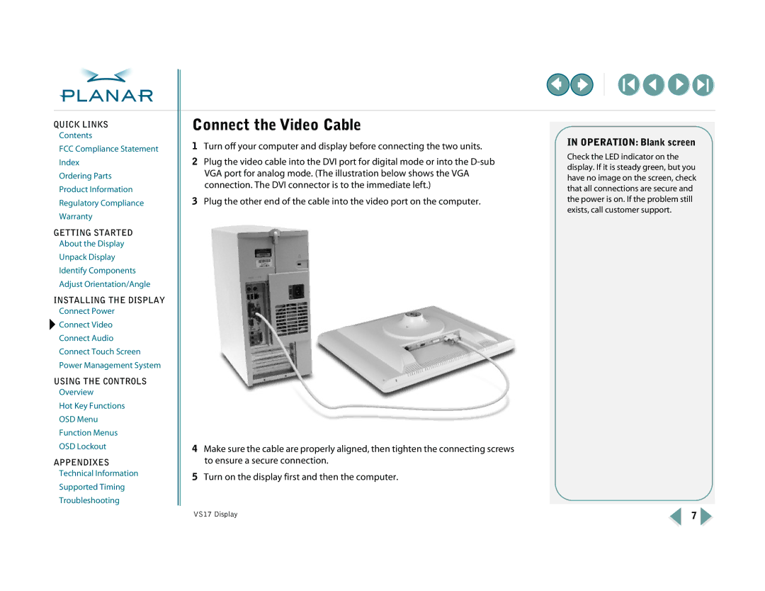 Planar VS17SXAD, VS15SXAD-TR warranty Connect the Video Cable, Operation Blank screen 