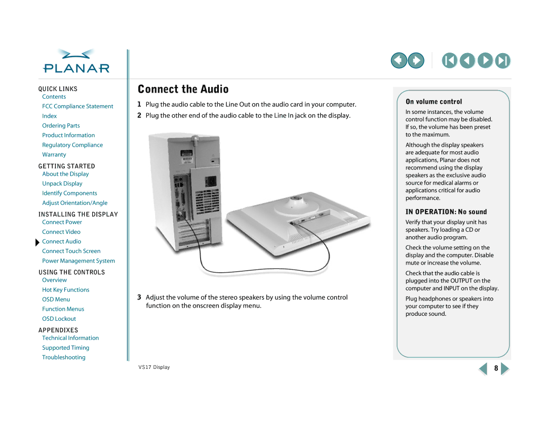 Planar VS15SXAD-TR, VS17SXAD warranty Connect the Audio, On volume control, Operation No sound 