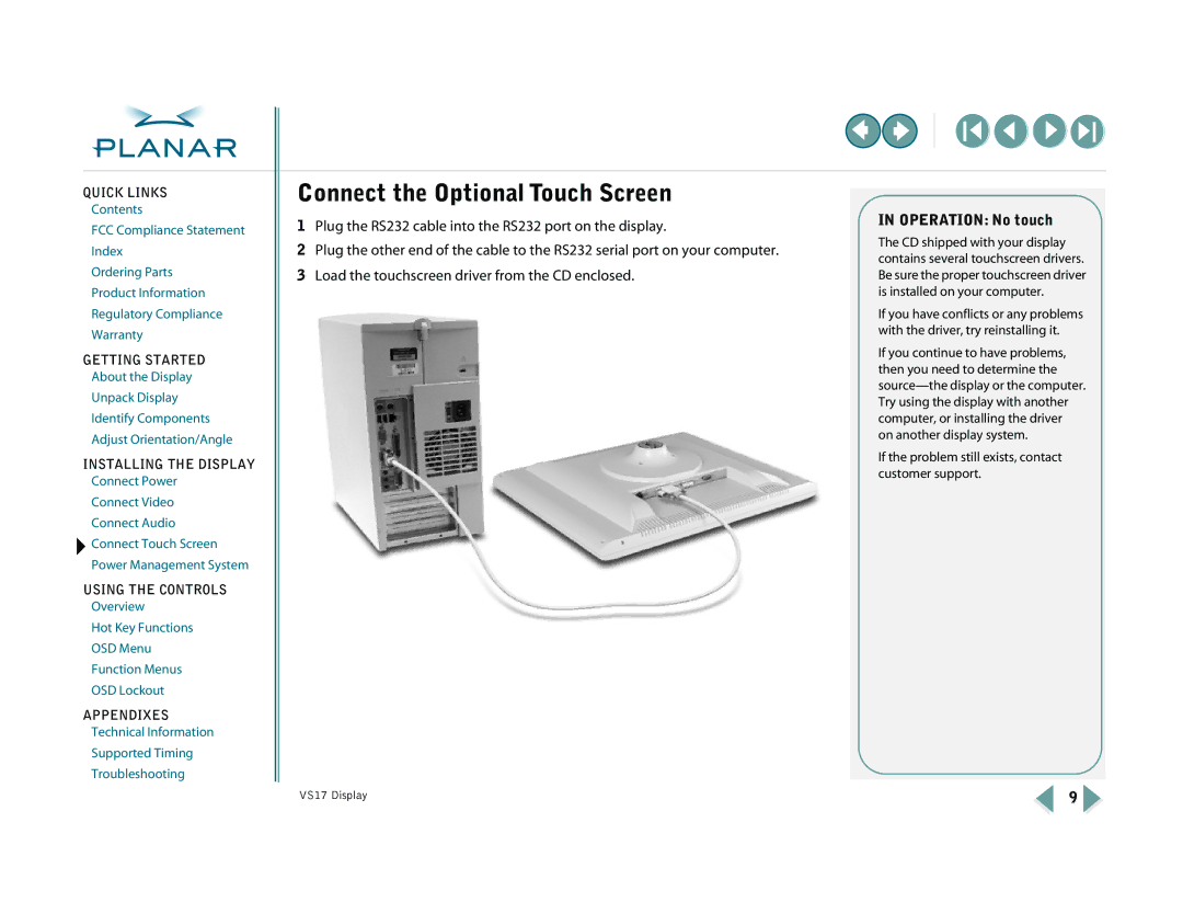 Planar VS17SXAD, VS15SXAD-TR warranty Connect the Optional Touch Screen, Operation No touch 