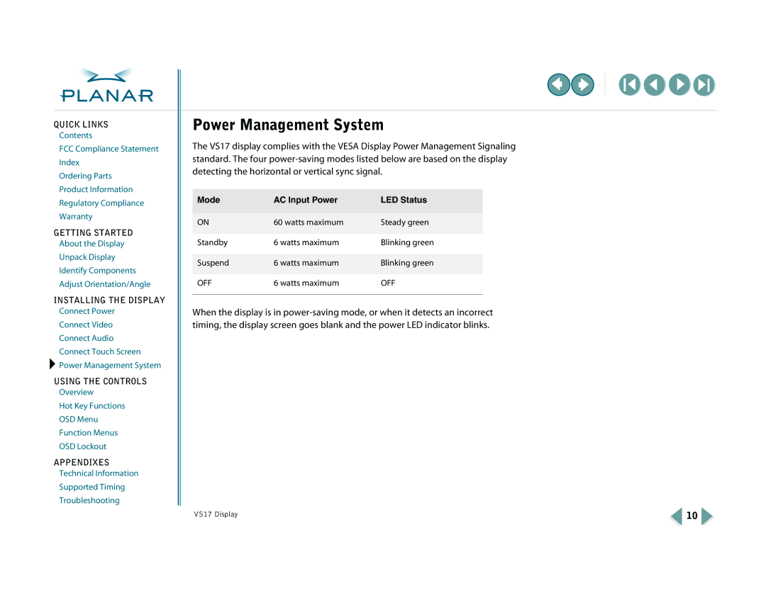 Planar VS15SXAD-TR, VS17SXAD warranty Power Management System, Mode AC Input Power LED Status 