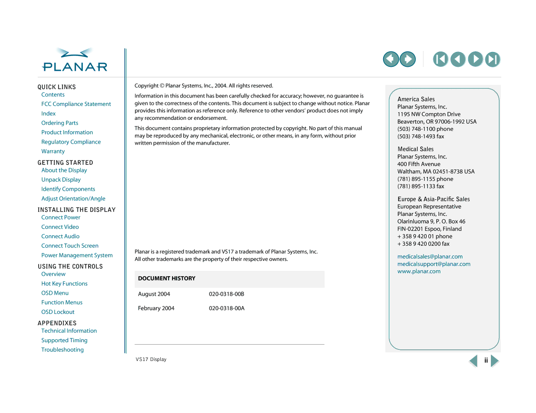 Planar VS17SXAD, VS15SXAD-TR warranty America Sales, Medical Sales, Europe & Asia-Paciﬁc Sales 