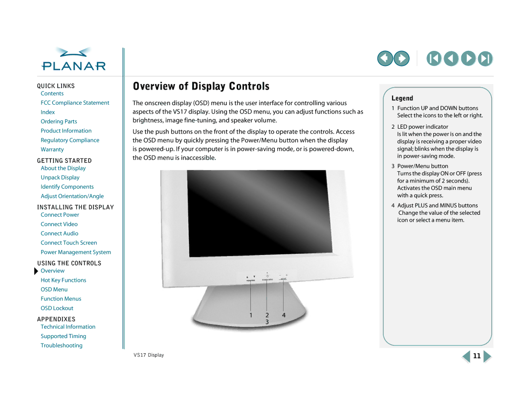 Planar VS17SXAD, VS15SXAD-TR warranty Overview of Display Controls, LED power indicator 