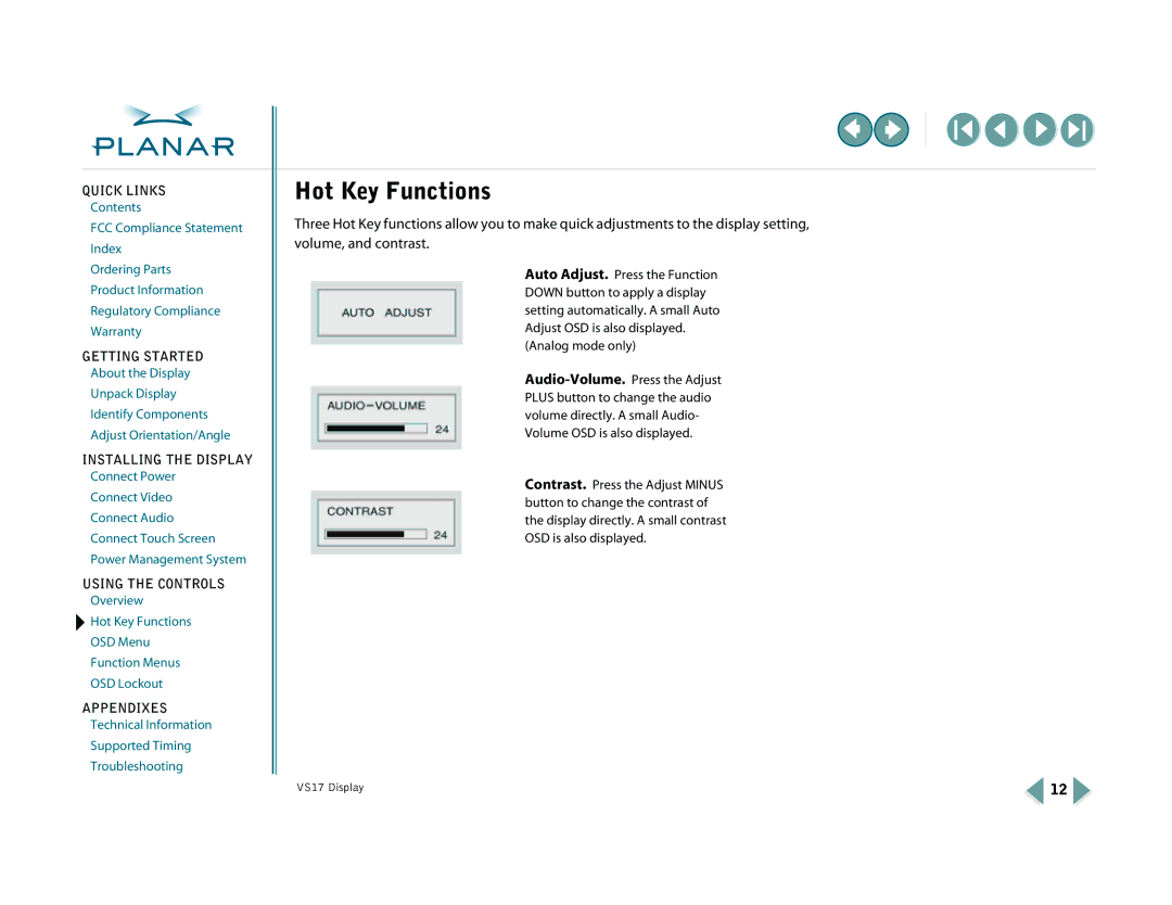 Planar VS15SXAD-TR, VS17SXAD warranty Hot Key Functions 