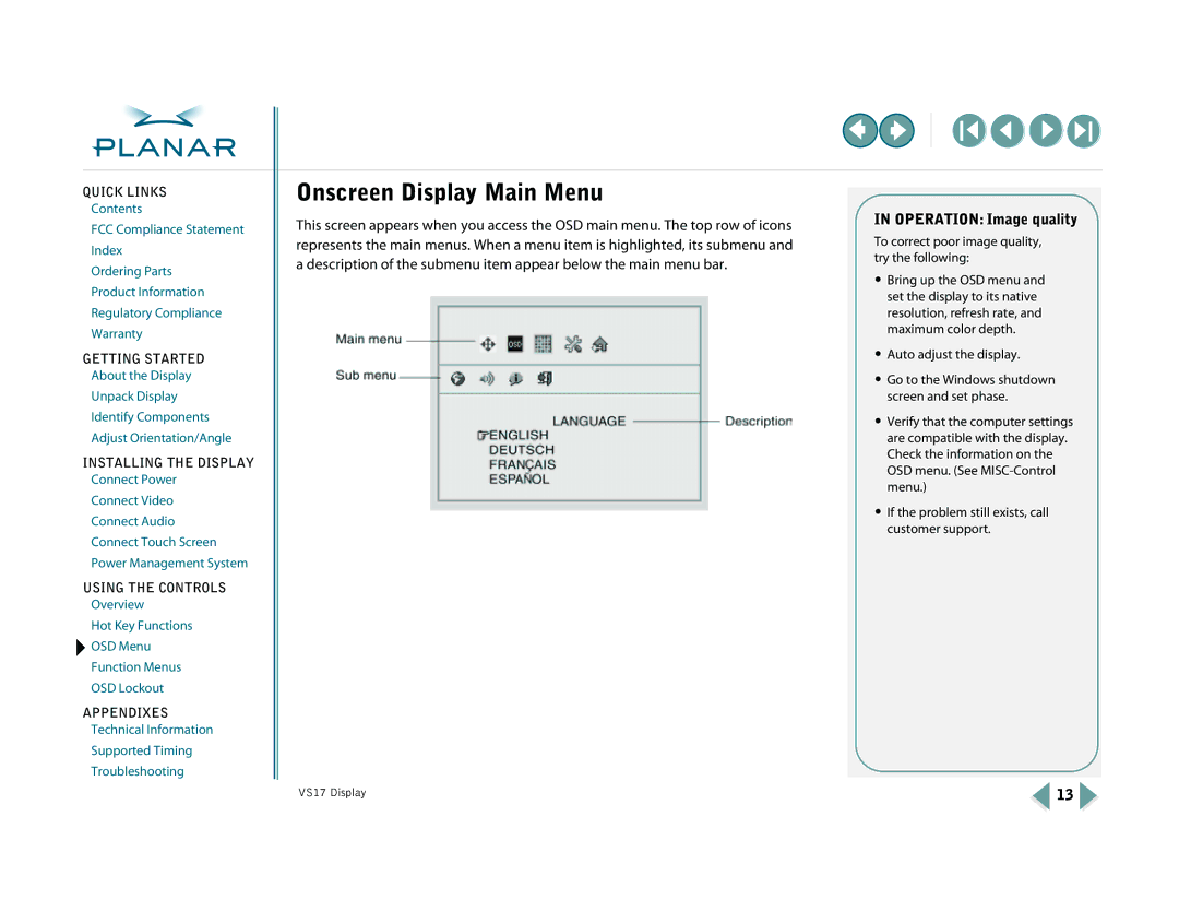 Planar VS17SXAD, VS15SXAD-TR warranty Onscreen Display Main Menu, Operation Image quality 