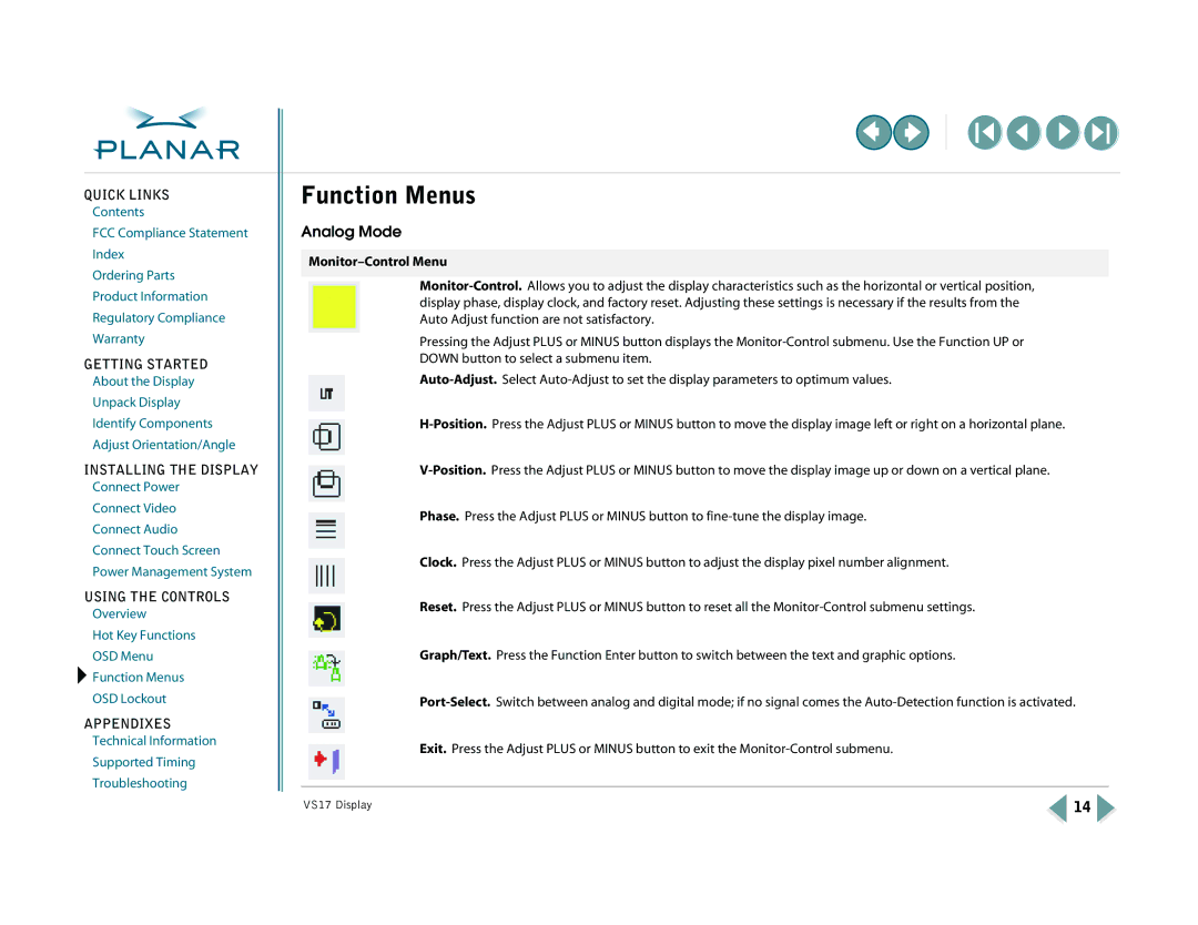 Planar VS15SXAD-TR, VS17SXAD warranty Function Menus, Monitor-Control Menu 