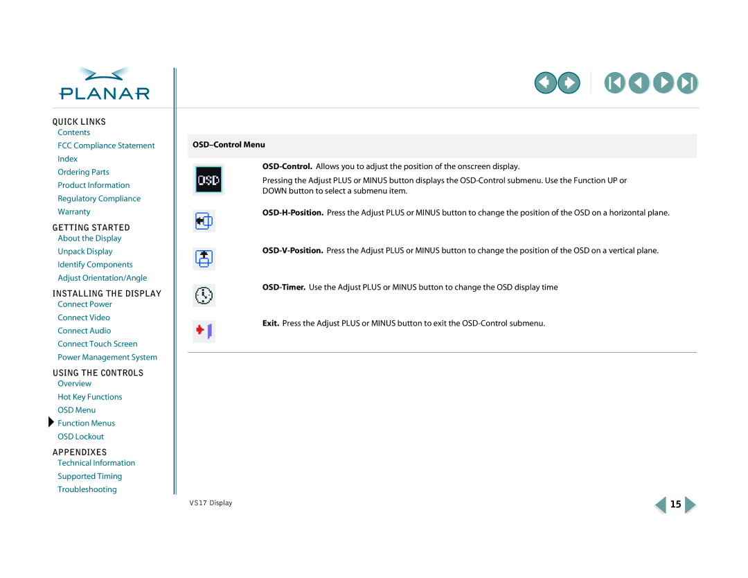 Planar VS17SXAD, VS15SXAD-TR warranty OSD-Control Menu 