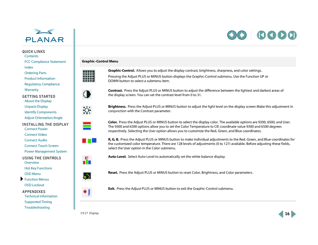 Planar VS15SXAD-TR, VS17SXAD warranty Graphic-Control Menu 