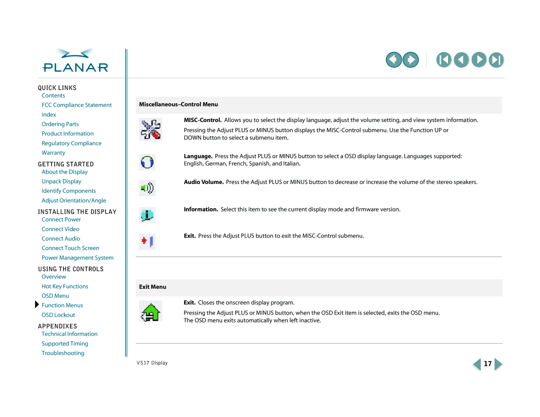 Planar VS17SXAD, VS15SXAD-TR warranty Miscellaneous-Control Menu, Exit Menu 