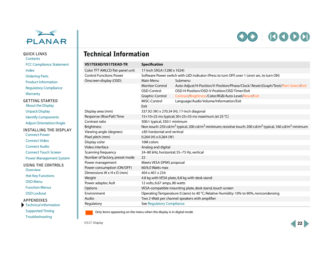 Planar VS15SXAD-TR, VS17SXAD warranty Technical Information, Speciﬁcation 