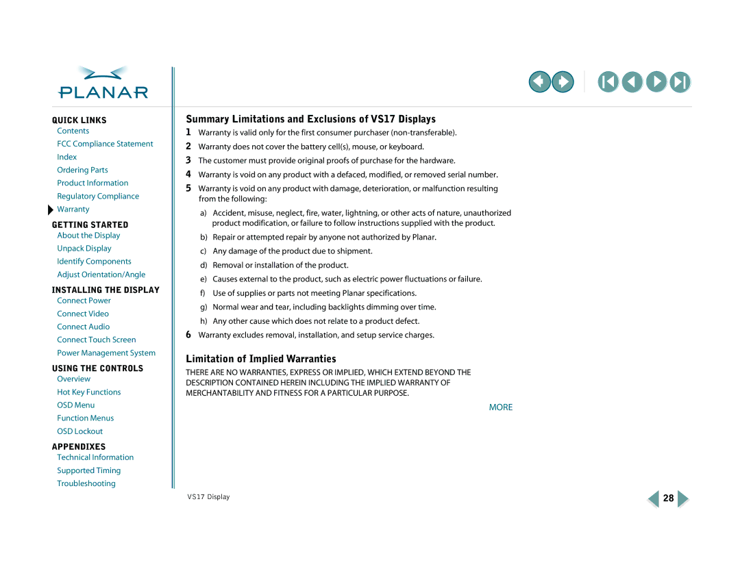 Planar VS15SXAD-TR, VS17SXAD warranty Summary Limitations and Exclusions of VS17 Displays, Limitation of Implied Warranties 