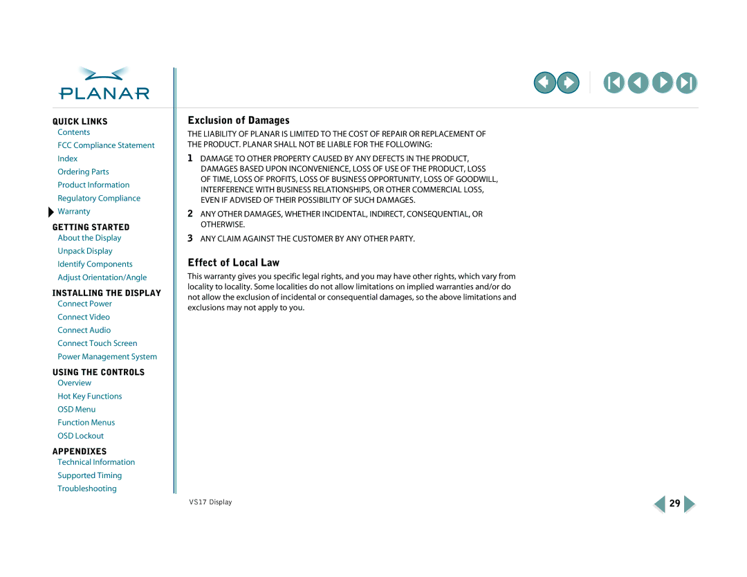 Planar VS17SXAD, VS15SXAD-TR warranty Exclusion of Damages, Effect of Local Law 