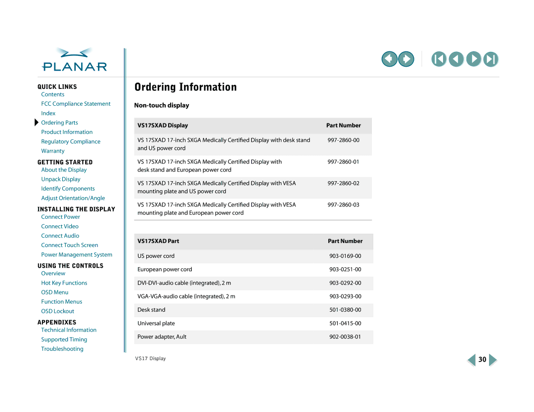 Planar VS15SXAD-TR Ordering Information, Non-touch display, VS17SXAD Display Part Number, VS17SXAD Part Part Number 