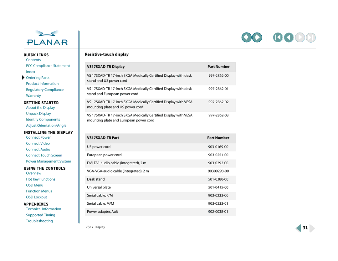 Planar VS15SXAD-TR warranty Resistive-touch display, VS17SXAD-TR Display Part Number, VS17SXAD-TR Part Part Number 