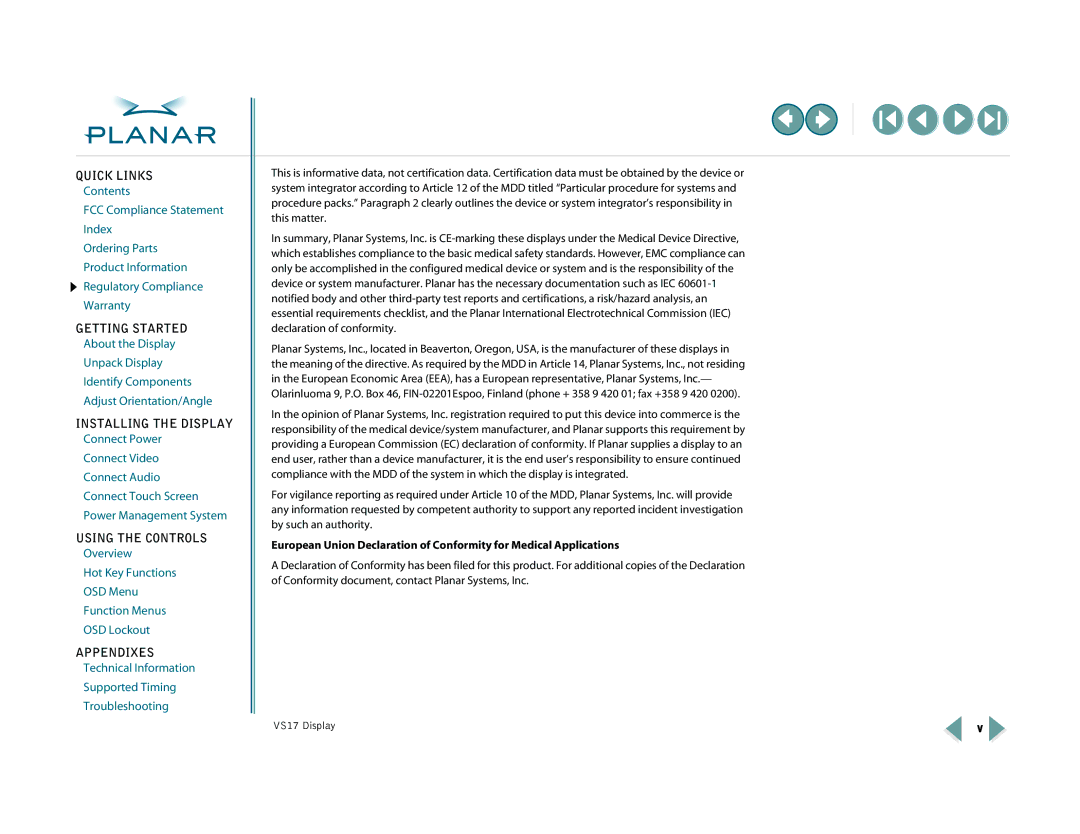Planar VS15SXAD-TR, VS17SXAD warranty Quick Links 