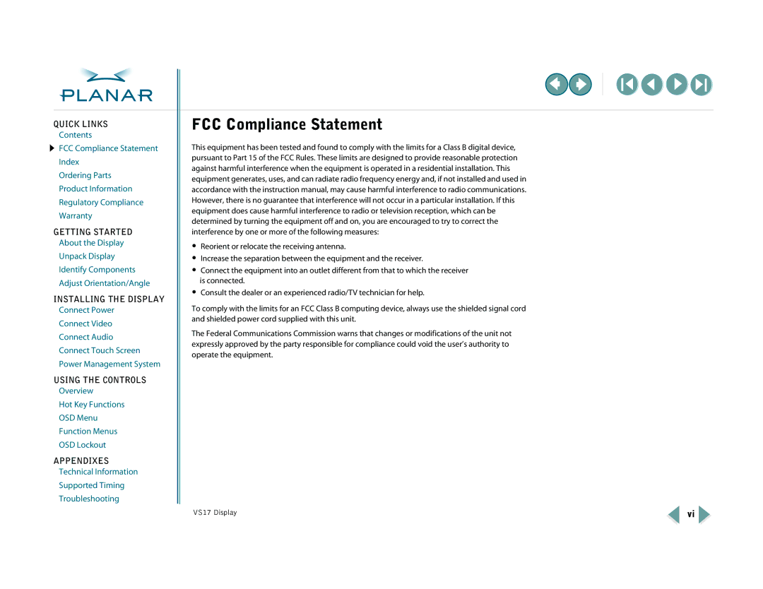 Planar VS17SXAD, VS15SXAD-TR warranty FCC Compliance Statement 