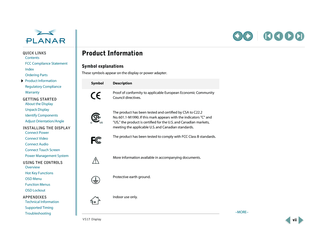 Planar VS15SXAD-TR, VS17SXAD warranty Product Information, Symbol explanations, Symbol Description, Vii 