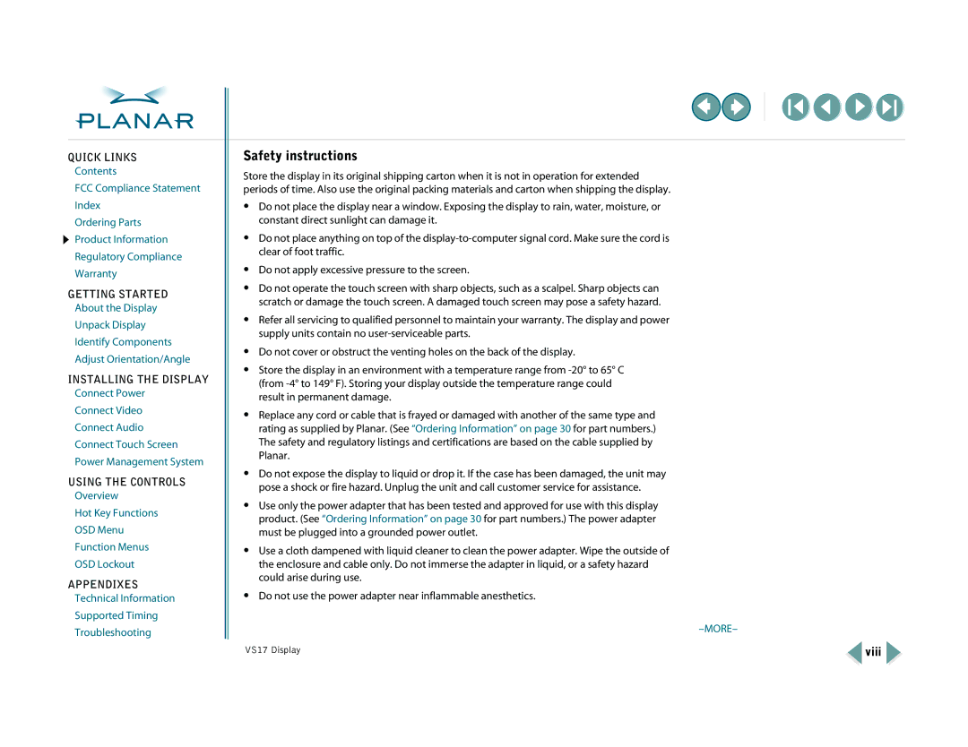 Planar VS17SXAD, VS15SXAD-TR warranty Safety instructions, Viii 