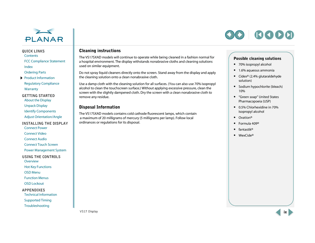 Planar VS15SXAD-TR, VS17SXAD warranty Cleaning instructions, Disposal Information, Possible cleaning solutions 