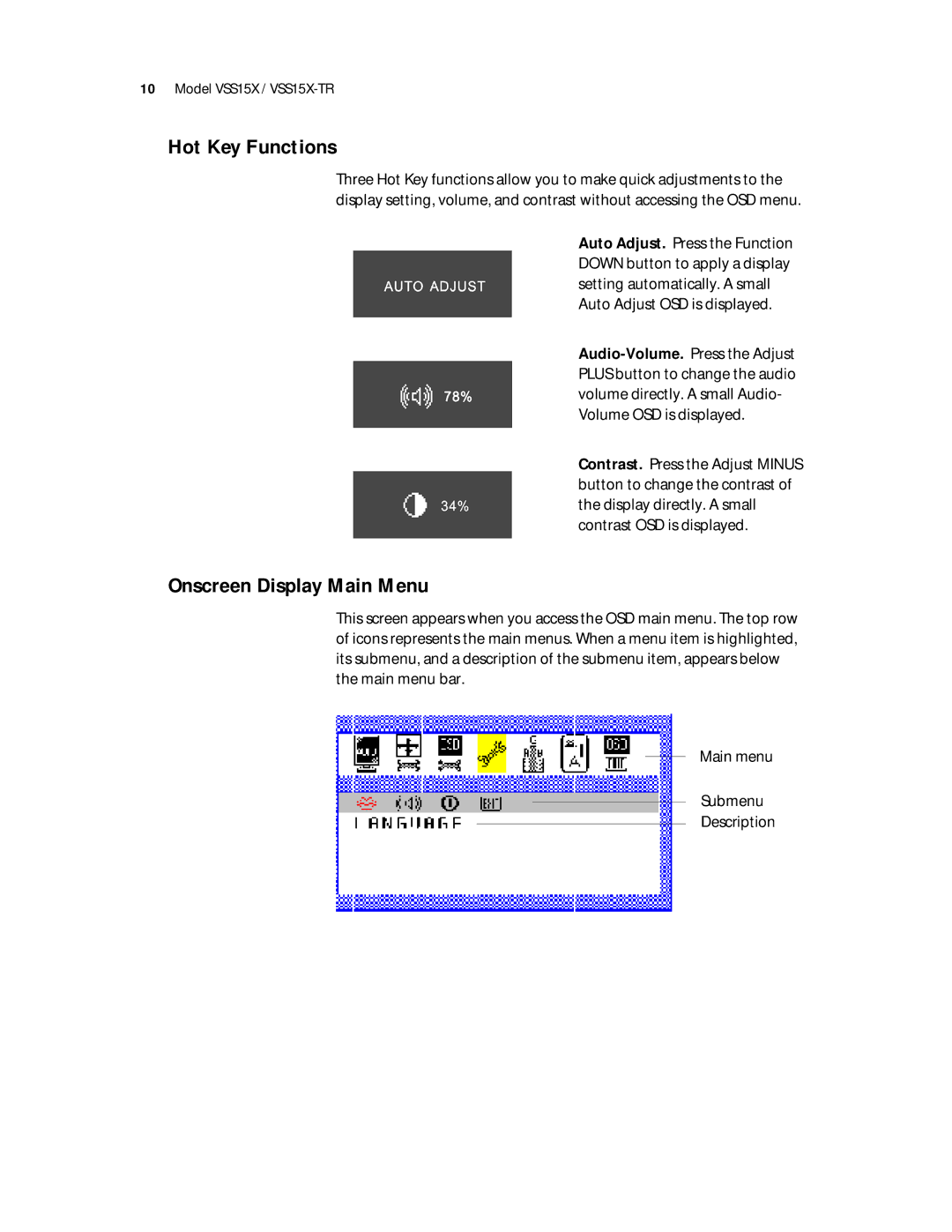 Planar VSS15X-TR warranty Hot Key Functions, Onscreen Display Main Menu 