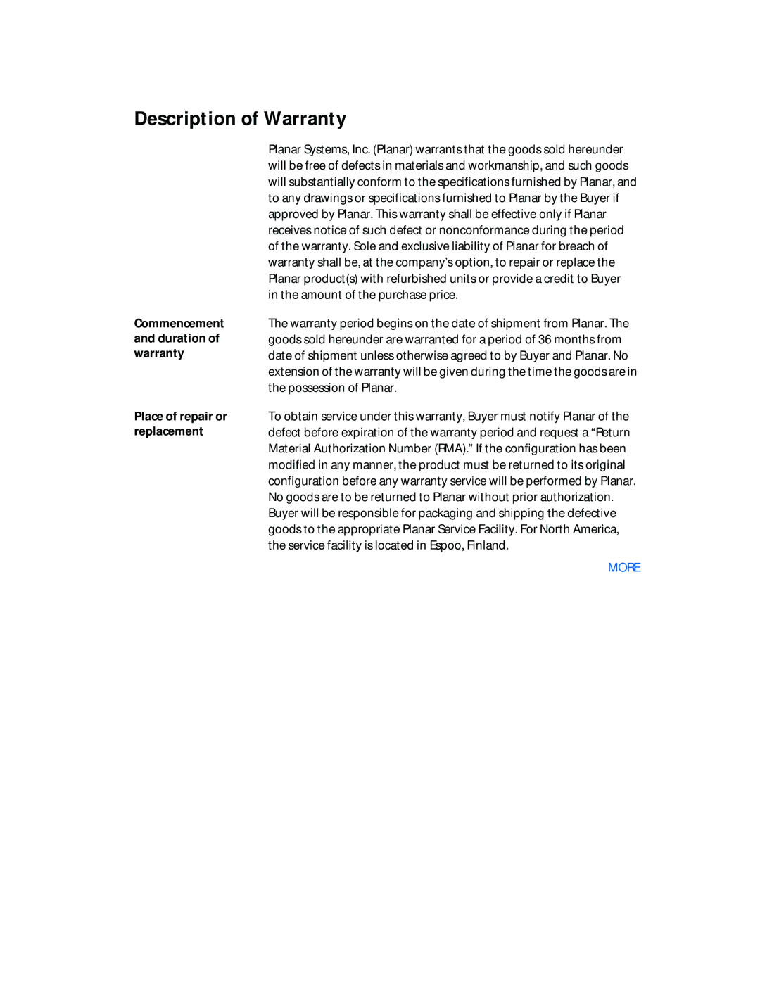 Planar VSS15X-TR Description of Warranty, Place of repair or replacement, Commencement and duration of warranty 