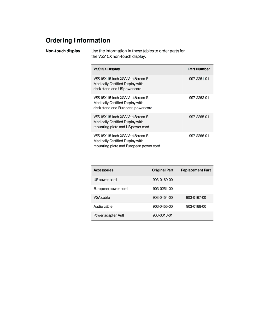 Planar VSS15X-TR Ordering Information, Non-touch display, VSS15X Display, Accessories Original Part Replacement Part 