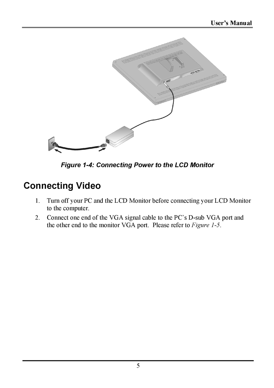 Planar WS231 manual Connecting Video, Connecting Power to the LCD Monitor 