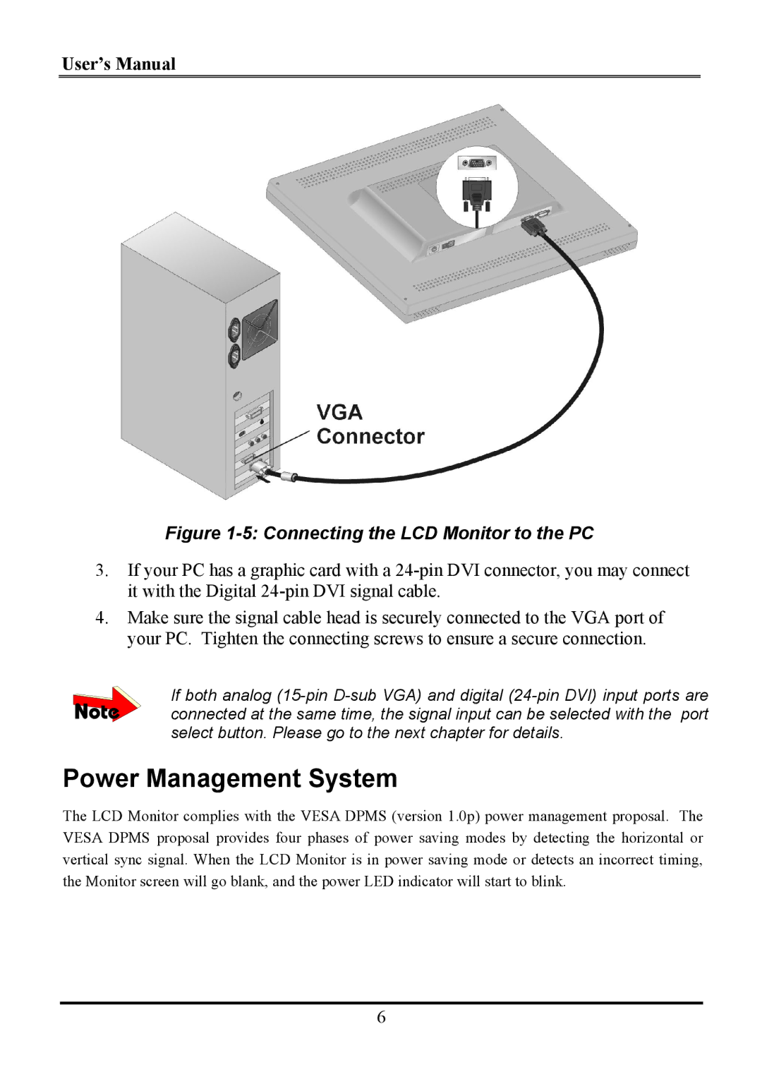 Planar WS231 manual Power Management System, Connecting the LCD Monitor to the PC 