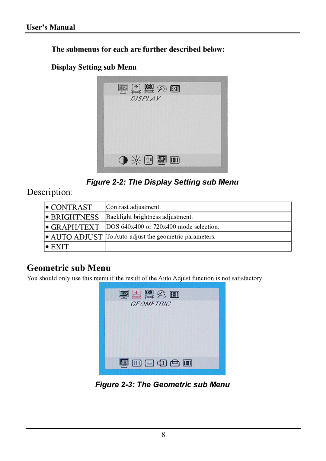 Planar WS231 manual Description, Geometric sub Menu 