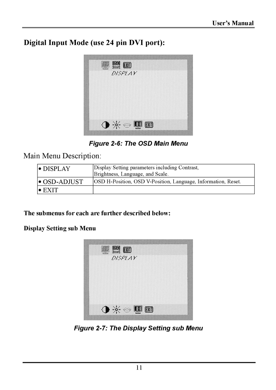 Planar WS231 manual Digital Input Mode use 24 pin DVI port, OSD Main Menu 