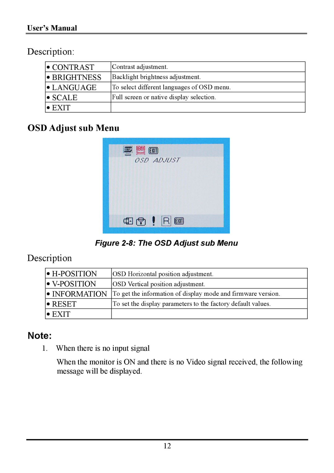 Planar WS231 manual OSD Adjust sub Menu 