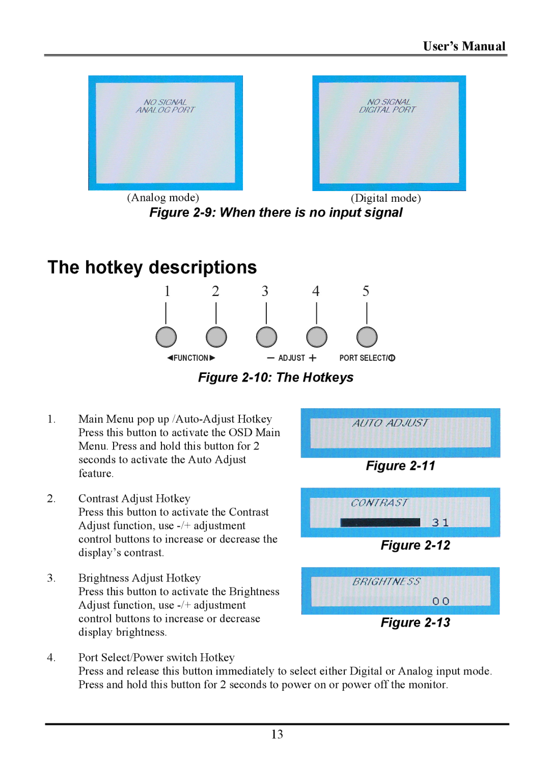 Planar WS231 manual Hotkey descriptions, When there is no input signal 