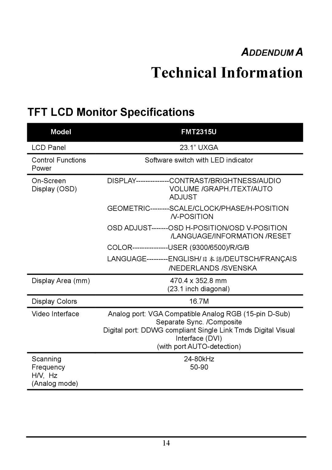 Planar WS231 manual Technical Information, TFT LCD Monitor Specifications 