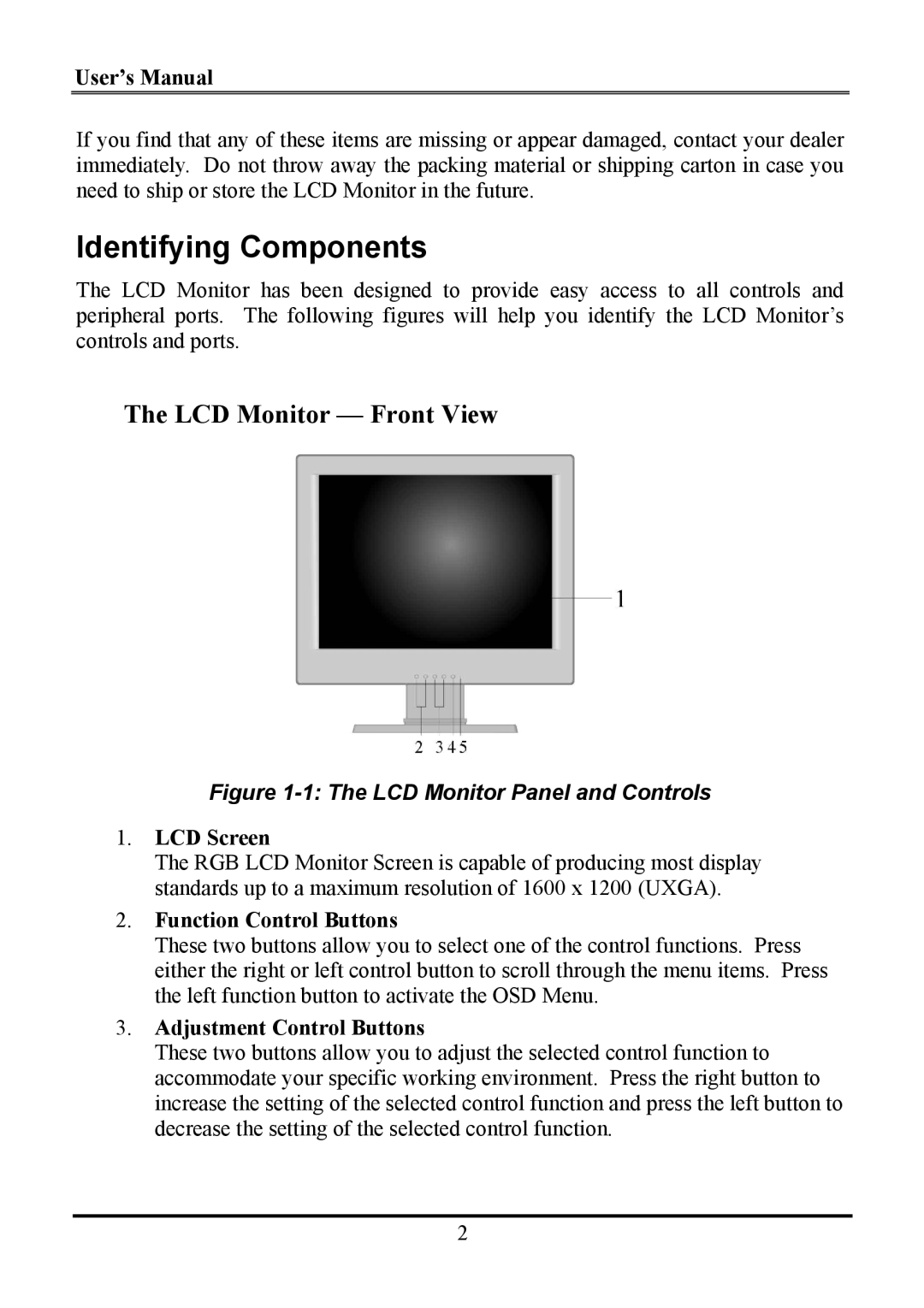 Planar WS231 manual Identifying Components, LCD Monitor Front View 